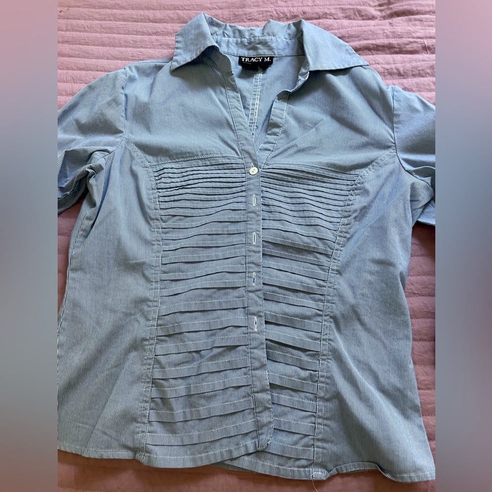 White & Blue Stripped Button Up Shirt.